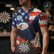 Load image into Gallery viewer, Man wearing personalized American flag eagle darts team jersey polo shirt featuring patriotic eagle artwork, front view.