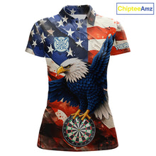 Load image into Gallery viewer, Personalized American flag eagle darts team jersey polo shirt for women featuring patriotic eagle and American flag artwork, premium custom darts league apparel for tournaments and league play.
