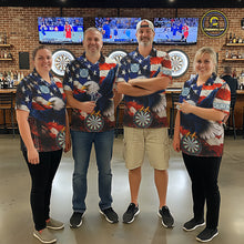 Load image into Gallery viewer, Man wearing personalized American flag eagle darts team jersey quarter zip shirt featuring patriotic eagle artwork, front view.