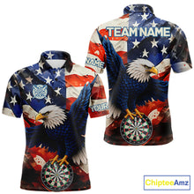 Load image into Gallery viewer, Personalized American flag eagle darts team jersey polo shirt for men featuring patriotic eagle and American flag artwork, premium custom darts league apparel for tournaments and league play.