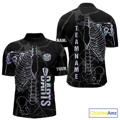 Personalized holographic funny skeleton darts team jersey quarter zip shirt for men featuring colorful holographic skeleton graphics, premium custom darts apparel.