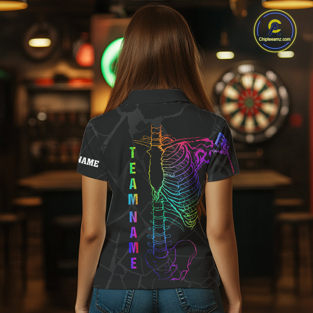 Woman wearing colorful rainbow funny skeleton darts team jersey polo shirt featuring rainbow skeleton artwork, back view.