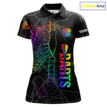 Load image into Gallery viewer, Colorful rainbow funny skeleton darts team jersey polo shirt for women featuring a vibrant rainbow skeleton design, premium custom darts league apparel and unique darts gifts.