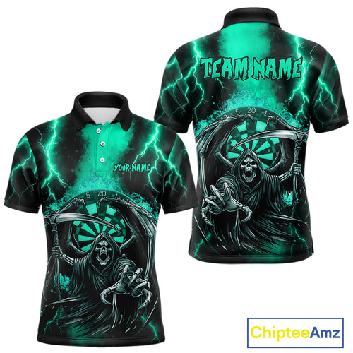Personalized Turquoise Grim Reaper Thunder Lightning Darts Shirt For Men, 3D Darts Team Jerseys TDM4589