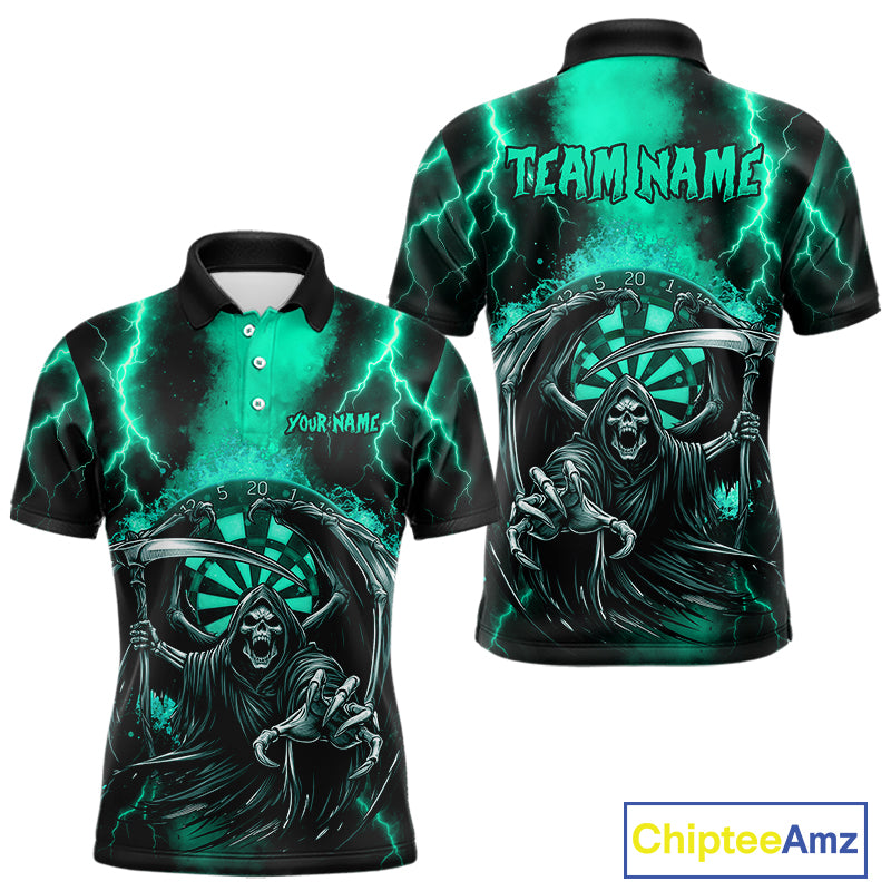 Personalized Turquoise Grim Reaper Thunder Lightning Darts Shirt For Men, 3D Darts Team Jerseys TDM4589