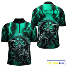 Load image into Gallery viewer, Personalized Turquoise Grim Reaper Thunder Lightning Darts Shirt For Men, 3D Darts Team Jerseys TDM4589