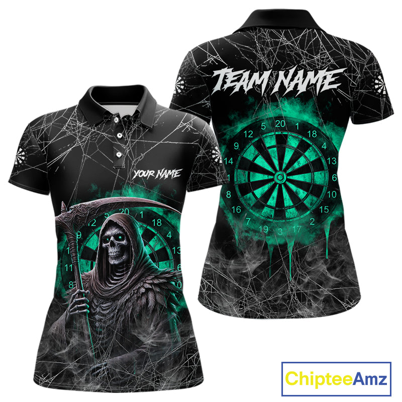 Black And Turquoise Smoke Grim Reaper Dart Shirts For Women Custom Halloween Darts Jersey Outfit TDM4590
