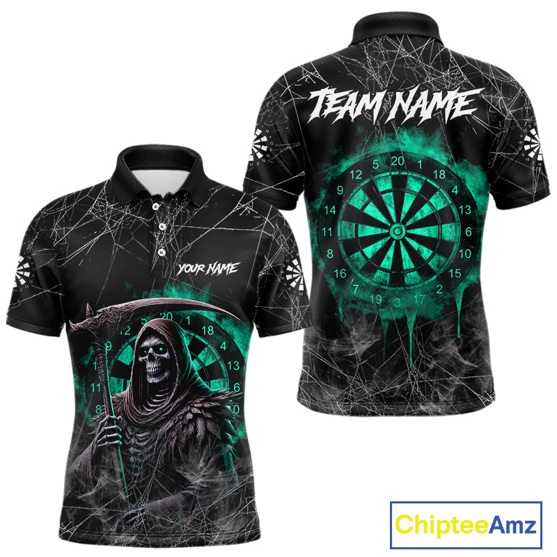 Black And Turquoise Smoke Grim Reaper Dart Shirts For Men Custom Halloween Darts Jersey Outfit TDM4590