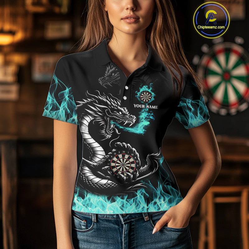 Personalized Turquoise Flaming Dragon Darts Shirt For Women Custom Darts Team Jersey Polo & 1/4 Zip TDM4592