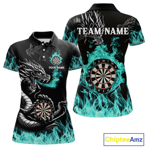 Personalized Turquoise Flaming Dragon Darts Shirt For Women Custom Darts Team Jersey Polo & 1/4 Zip TDM4592