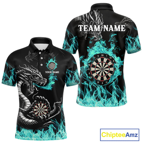 Personalized Turquoise Flaming Dragon Darts Shirt For Men Custom Darts Team Jersey Polo & 1/4 Zip TDM4592