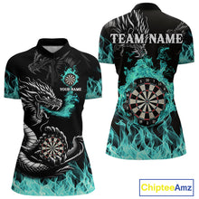Load image into Gallery viewer, Personalized Turquoise Flaming Dragon Darts Shirt For Women Custom Darts Team Jersey Polo &amp; 1/4 Zip TDM4592