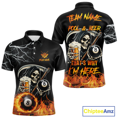 Personalized Grim Reaper Pool And Beer Flame Billiard Shirt For Men, Funny 8 Ball Pool Team Jersey TDM5014