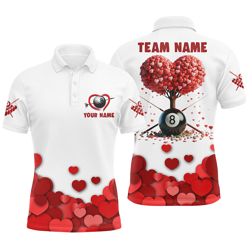 Valentine 8 Ball Pool With Red Hearts Tree Men Polo Shirts, Custom Billiard Valentines Sport Shirts TDM0923