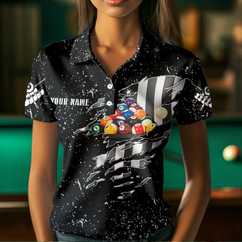 Personalized Black Grunge US Flag Billiard Balls Polo, 1/4 Zip For Women, 8 Ball Pool Billiard Jersey TDM3573