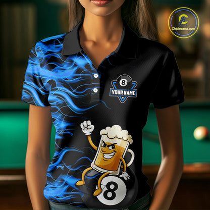 Blue Flaming Funny Beer 8 Ball Billiard Shirt For Women Custom Pool Team Jersey Polo & 1/4 Zip TDM5937