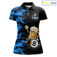 Load image into Gallery viewer, Blue Flaming Funny Beer 8 Ball Billiard Shirt For Women Custom Pool Team Jersey Polo &amp; 1/4 Zip TDM5937