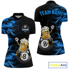 Load image into Gallery viewer, Blue Flaming Funny Beer 8 Ball Billiard Shirt For Women Custom Pool Team Jersey Polo &amp; 1/4 Zip TDM5937