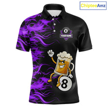 Load image into Gallery viewer, Purple Flaming Funny Beer 8 Ball Billiard Shirt For Men Custom Pool Team Jersey Polo &amp; 1/4 Zip TDM5938