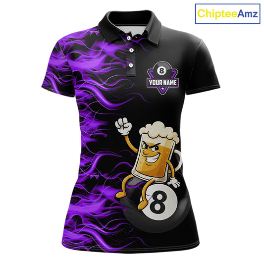 Purple Flaming Funny Beer 8 Ball Billiard Shirt For Women Custom Pool Team Jersey Polo & 1/4 Zip TDM5938