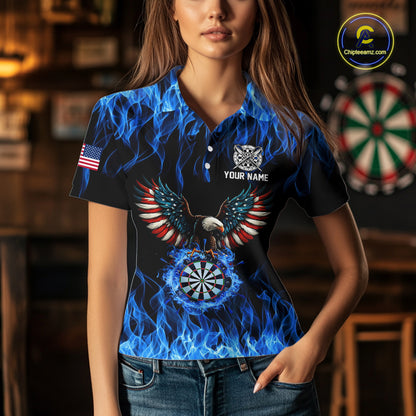 Blue Flaming American Flag Eagle Darts Shirt For Women Custom Darts Jersey Team Polo & 1/4 Zip TDM5941