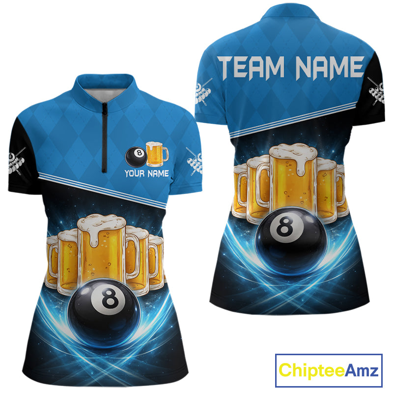 Black And Blue Funny Beer 8 Ball Billiard Jersey For Women Custom Pool Team Shirt Polo & 1/4 Zip TDM5942