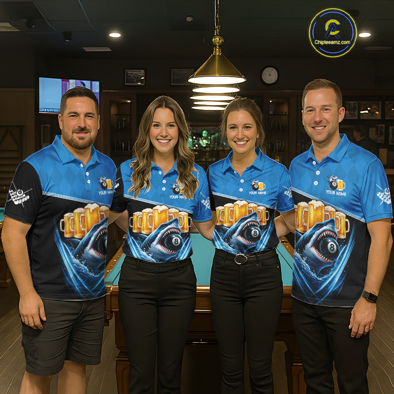 Blue Funny Beer Shark 8 Ball Billiard Jersey For Men Custom Pool Team Shirt Polo & 1/4 Zip TDM5943
