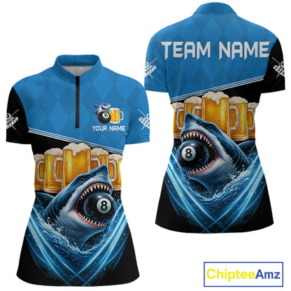 Blue Funny Beer Shark 8 Ball Billiard Jersey For Women Custom Pool Team Shirt Polo & 1/4 Zip TDM5943