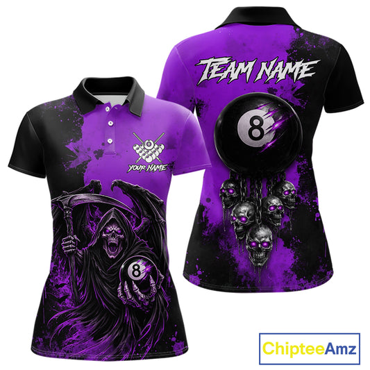 Purple Grim Reaper 8 Ball Billiard Shirt For Women Custom Skull Pool Team Jersey Polo & 1/4 Zip TDM6104