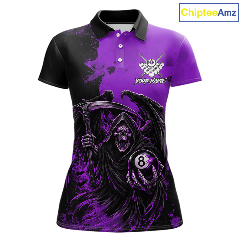 Purple Grim Reaper 8 Ball Billiard Shirt For Women Custom Skull Pool Team Jersey Polo & 1/4 Zip TDM6104