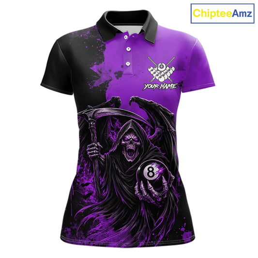 Purple Grim Reaper 8 Ball Billiard Shirt For Women Custom Skull Pool Team Jersey Polo & 1/4 Zip TDM6104