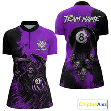 Load image into Gallery viewer, Purple Grim Reaper 8 Ball Billiard Shirt For Women Custom Skull Pool Team Jersey Polo &amp; 1/4 Zip TDM6104