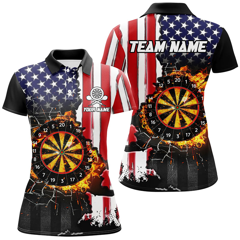 American Flag Darts Board Fire Flame Break Glass Custom Women Darts Shirts, Patriotic Darts Jerseys TDM1830