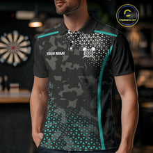 Load image into Gallery viewer, Black &amp; Turquoise Camo Dart Shirt For Men Custom Dart Jerseys Pocket Option TDM4366