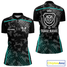 Load image into Gallery viewer, Black &amp; Turquoise Camo Dart Shirt For Women Custom Dart Jerseys Pocket Option TDM4366