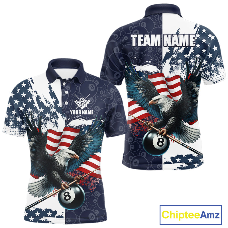 Personalized American Flag Eagle Men Billiard Shirt Custom Patriotic 8 Ball Pool Team Jersey |Navy TDM4369