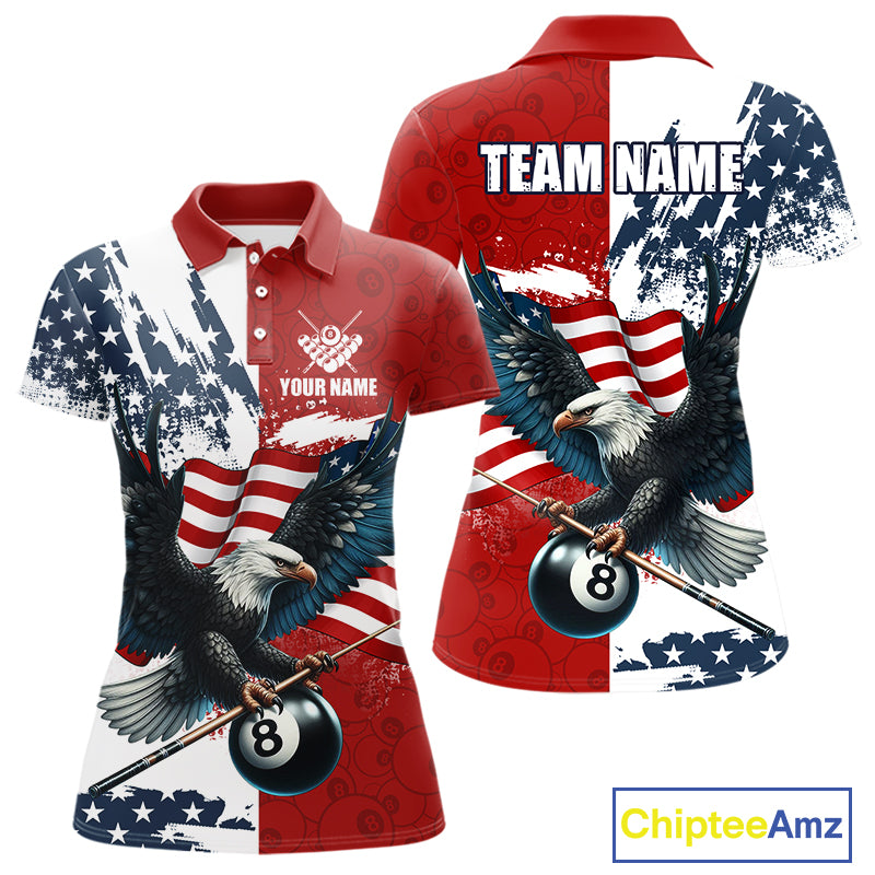 Personalized American Flag Eagle Women Billiard Shirt Custom Patriotic 8 Ball Pool Team Jersey |Red TDM4370