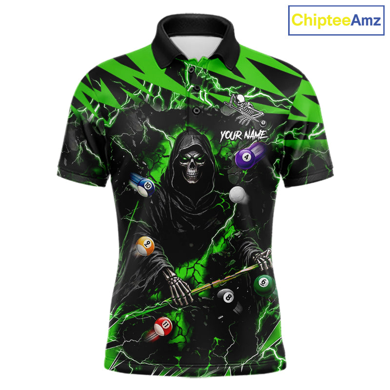Green Grim Reaper lightning 8 ball pool billiard team jersey polo shirt for men featuring a fierce Grim Reaper and green lightning artwork, premium custom pool team apparel.