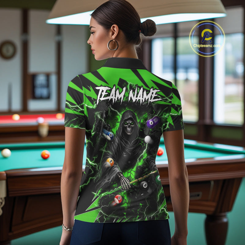 Woman wearing green Grim Reaper lightning 8 ball pool billiard team jersey polo shirt, back view.