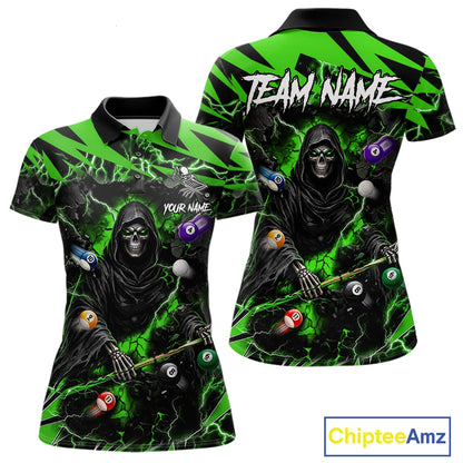 Green Grim Reaper lightning 8 ball pool billiard team jersey polo shirt for women featuring a fierce Grim Reaper and green lightning artwork, premium custom pool team apparel.