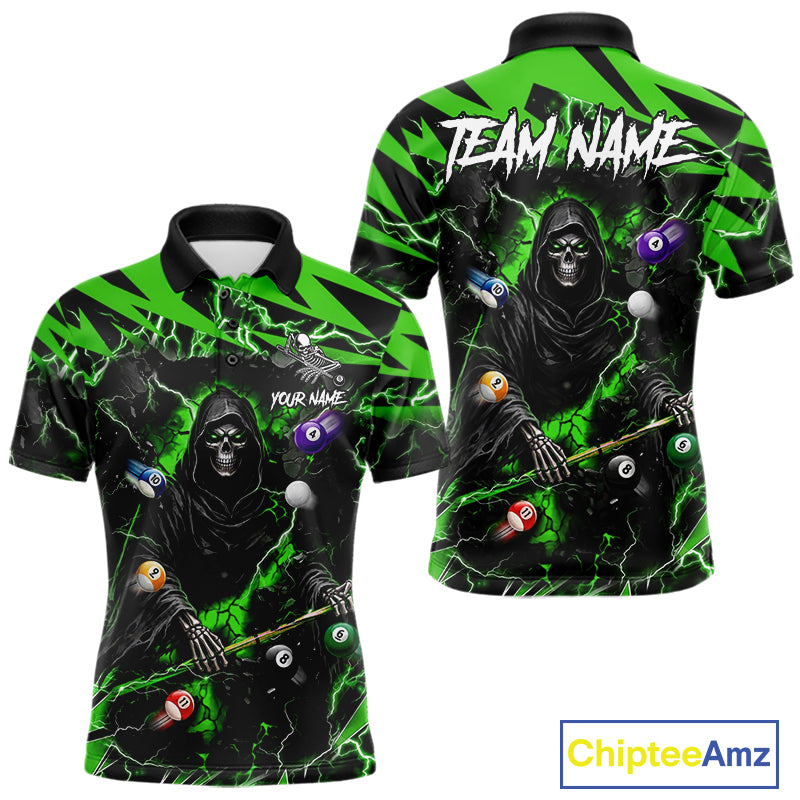 Green Grim Reaper lightning 8 ball pool billiard team jersey polo shirt for men featuring a fierce Grim Reaper and green lightning artwork, premium custom pool team apparel.