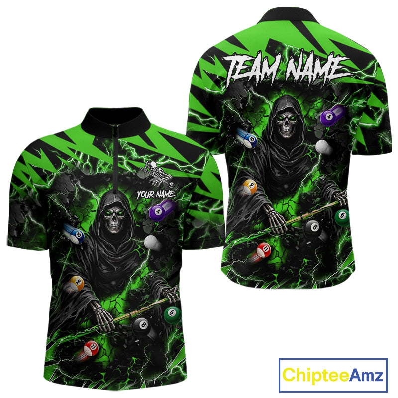 Green Grim Reaper lightning 8 ball pool billiard team jersey quarter zip shirt for men featuring green lightning Grim Reaper graphics, premium custom billiard apparel.
