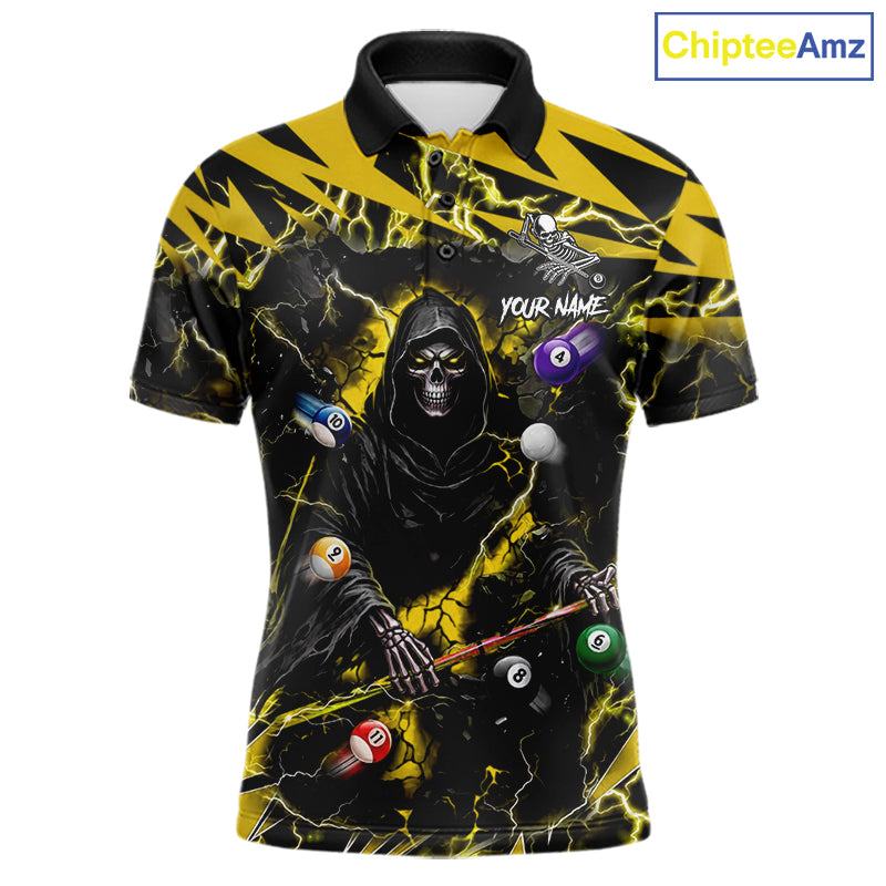 Yellow Grim Reaper lightning 8 ball pool billiard team jersey polo shirt for men featuring a fierce Grim Reaper and yellow lightning artwork, premium custom pool team apparel.
