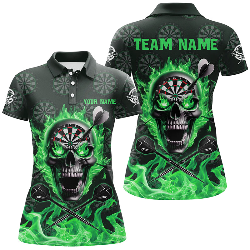 Green Darts Skull Fire Flame Custom Women Darts Shirts, 3D Darts Jersey Short Sleeve For Team TDM2518