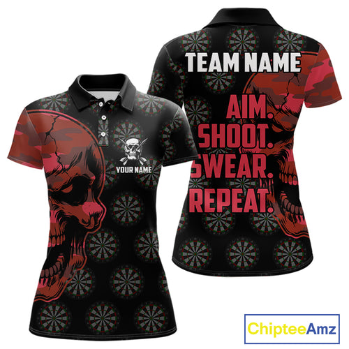 Funny Red Camo Darts Skull Aim Shoot Swear Repeat Custom Dart Shirts For Women, Darts Team Jersey TDM4797