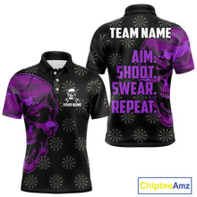 Load image into Gallery viewer, Funny Purple Camo Darts Skull Aim Shoot Swear Repeat Custom Dart Shirts For Men, Darts Team Jersey TDM4798