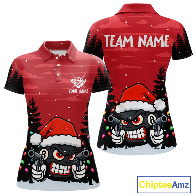 Personalized Red Christmas Santa 8 Ball Pool Billiard Shirts For Women, Funny Xmas Billiard Jerseys TDM5221