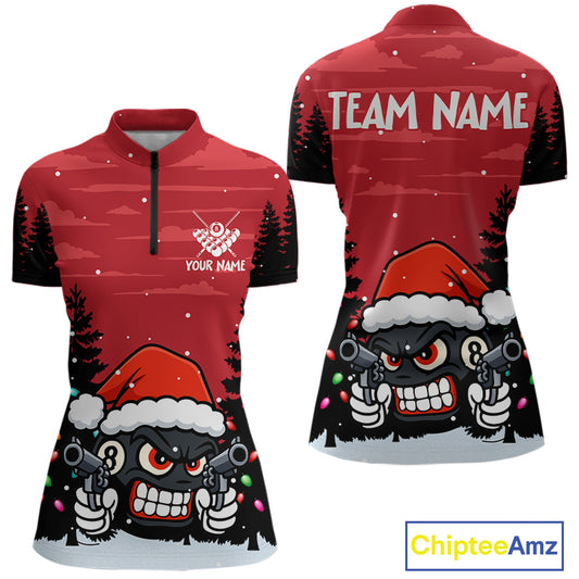 Personalized Red Christmas Santa 8 Ball Pool Billiard Shirts For Women, Funny Xmas Billiard Jerseys TDM5221