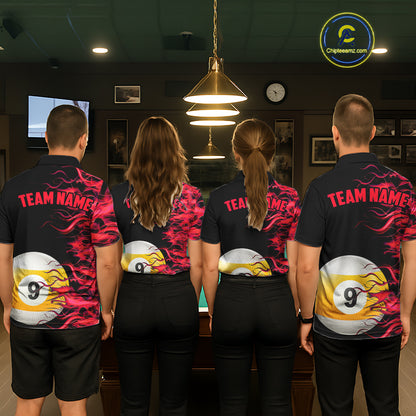 Red Flaming 8 Ball & 9 Ball Billiard Shirt For Women Custom Pool Team Jersey Polo & Quarter Zip TDM5481