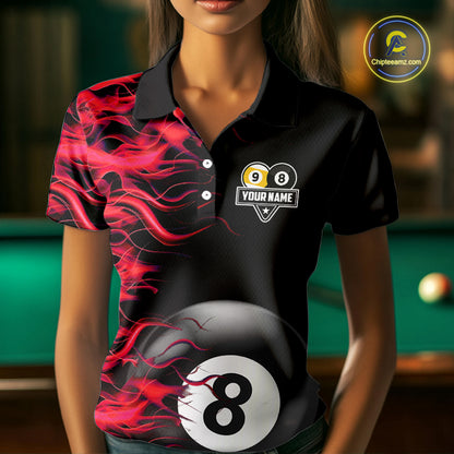 Red Flaming 8 Ball & 9 Ball Billiard Shirt For Women Custom Pool Team Jersey Polo & Quarter Zip TDM5481